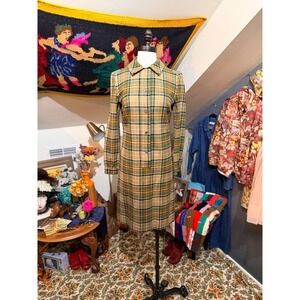 Vintage 1960s Pendleton Virgin Wool Plaid Shirt Dress Green Tan Long Sleeve - 8